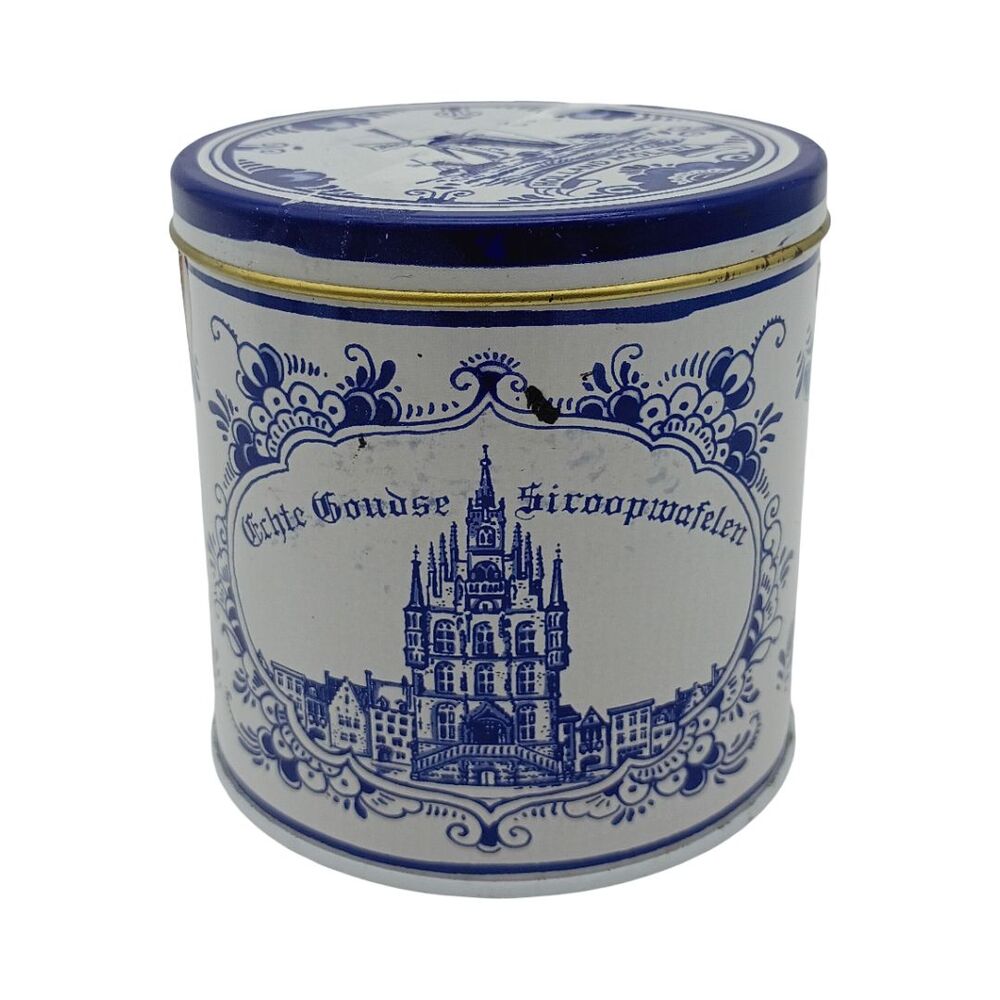 Vintage Delft Blue Stroopwafel Tin Echte Goudse Siroopwafelen Holland Windmill